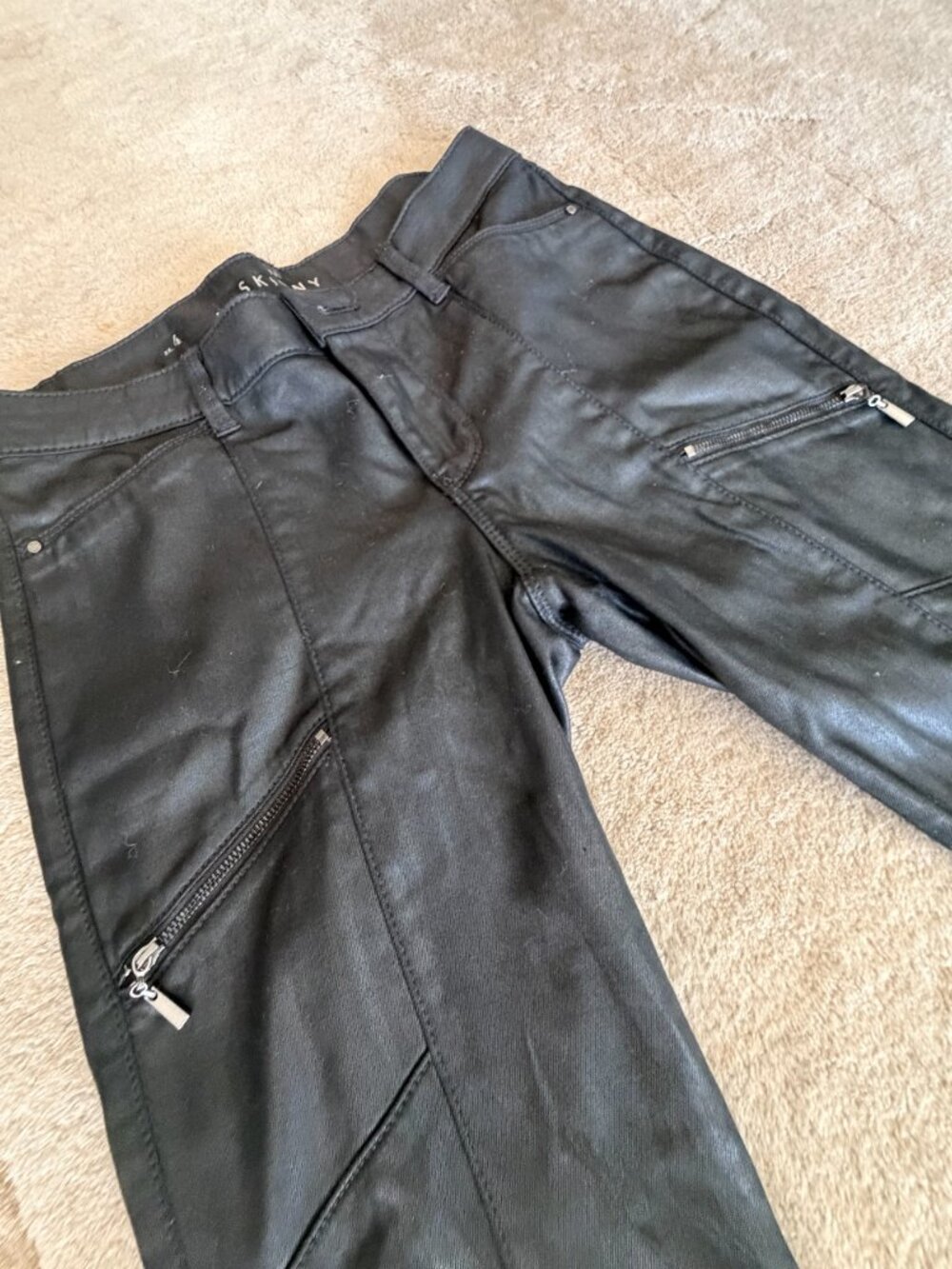 Black Coated Skinny Moto Pants Zipper Pockets